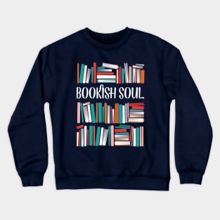 Bookish soul // oxford navy blue bookshelf background orange neon red white and flesh coral books Crewneck Sweatshirt